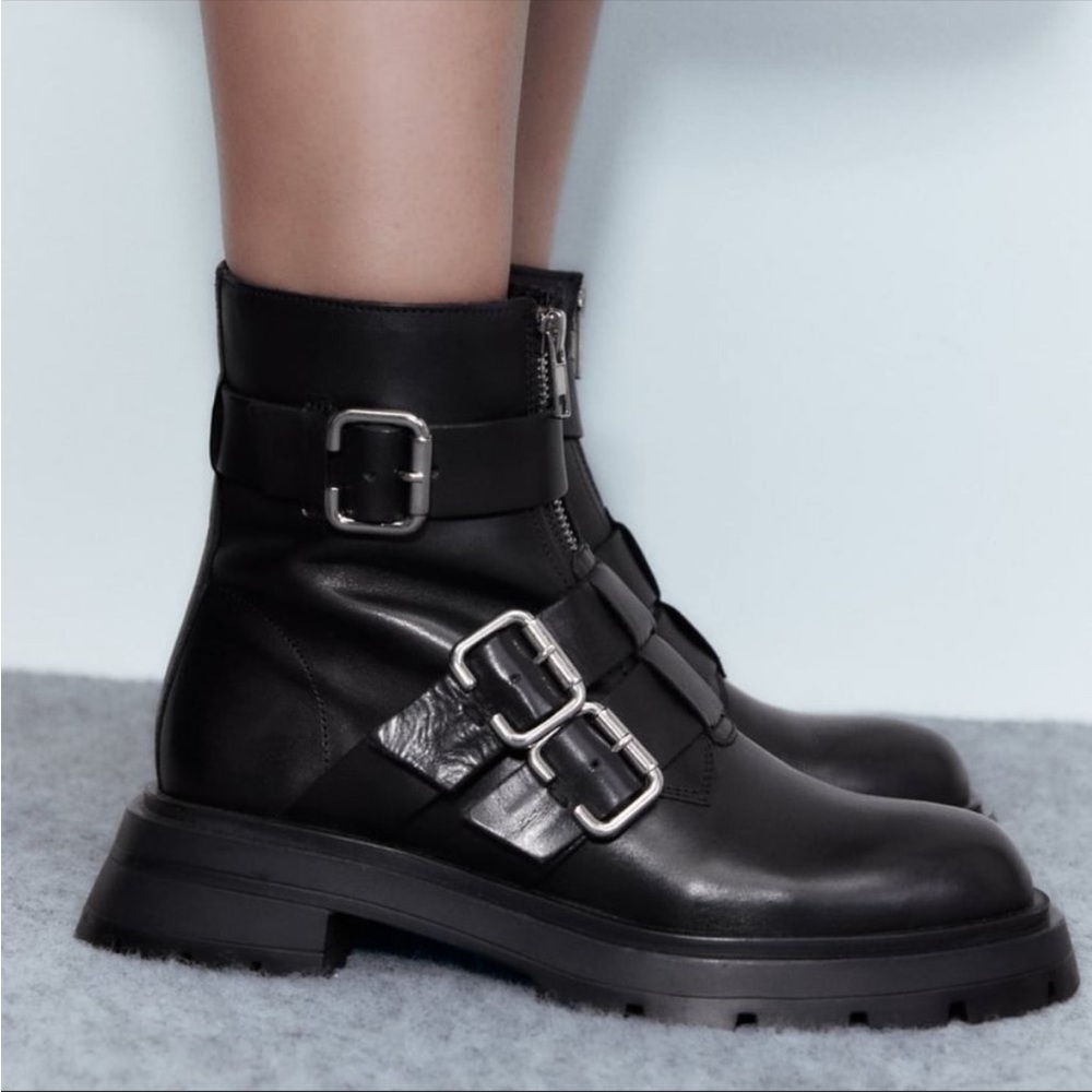 Zara belted Black Buckle Grunge Combat Boots